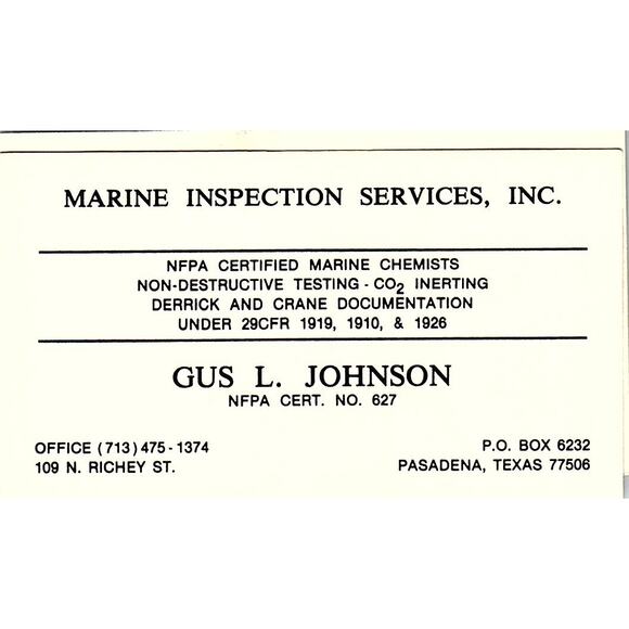 None and/or Unknown Other - Gus L Johnson Marine Inspection Services Pasadena TX Vtg Business Card SC9-B4